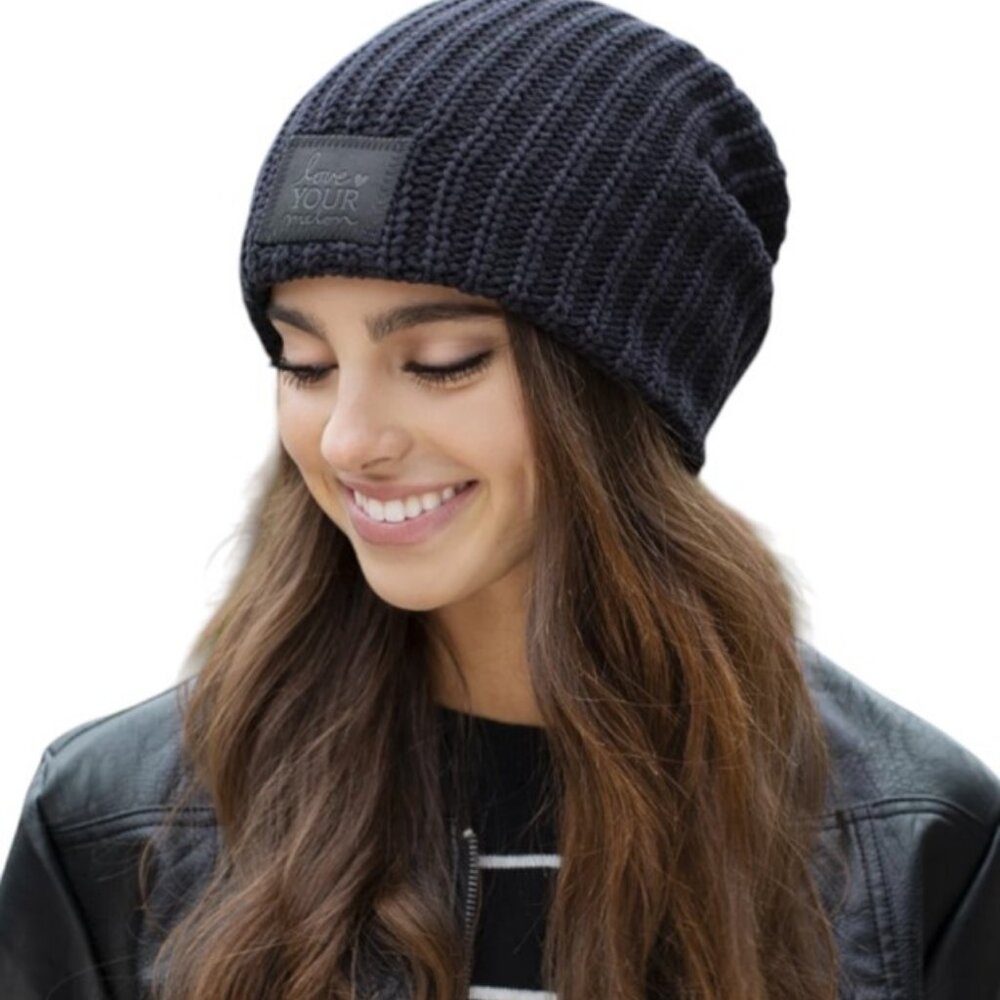 Love Your Melon black monochrome rib knit beanie
